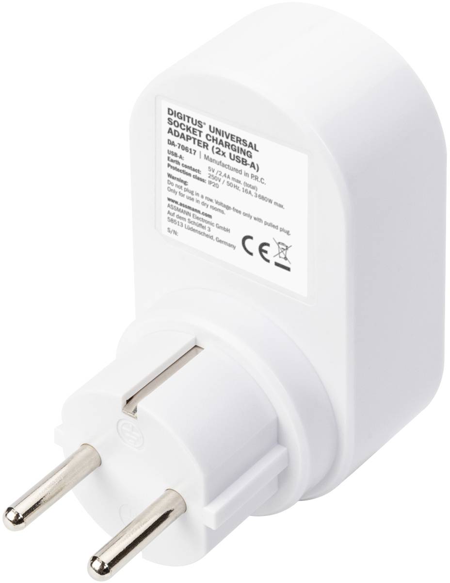 Adaptateur universel avec deux ports USB et fiche secteur européenne. Adapté pour la charge dans différents pays. Certifié CE.