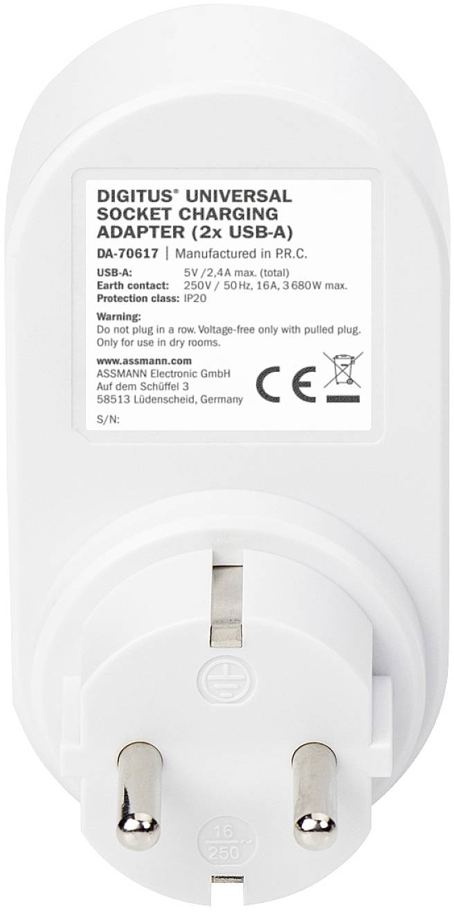 Adaptateur universel de prise Weißer Digitus avec 2 ports USB-A. Caractéristiques techniques et consignes de sécurité au dos.