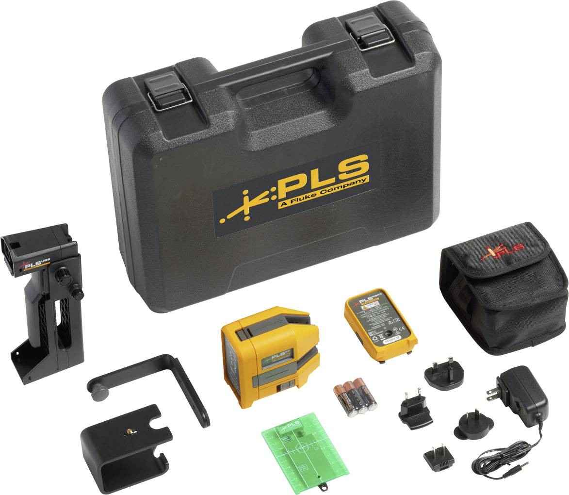Valise avec logo 'PLS' contenant un outil laser, un trépied, des batteries et des accessoires pour des mesures et des travaux de construction.