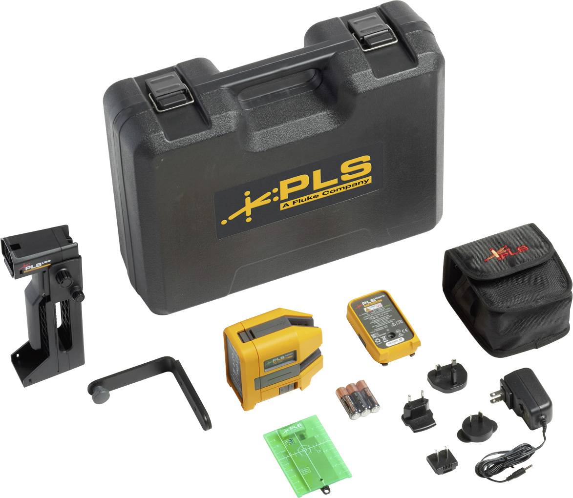 Ensemble d'outils avec mallette noire, laser à lignes croisées, support, chargeur, adaptateur, batteries et petits accessoires.