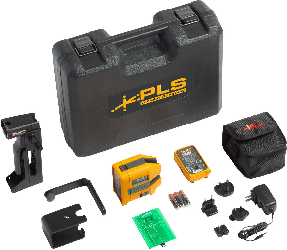 Un ensemble de niveau laser PLS, comprenant des accessoires tels que des supports de fixation, un chargeur, des batteries et une mallette de transport. Idéal pour les projets de construction.