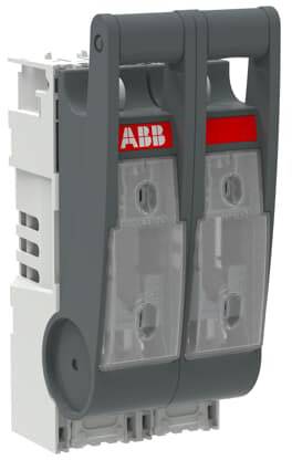 Interrupteur de sectionnement double dans un boîtier en plastique, avec des marquages rouges de la marque ABB, pour installations électriques.