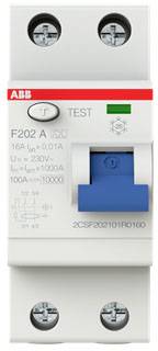 Un disjoncteur différentiel bipolaire (F202 A) avec bouton de test bleu, intensité nominale 16A, tension 230V, fabricant ABB.