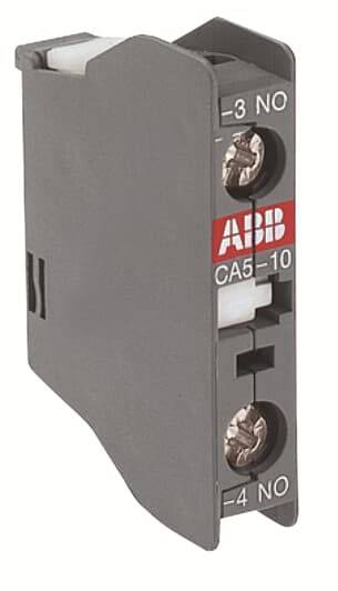 L'image montre un accessoire électrique d'ABB, modèle CA5-10, avec les connexions '3 NO' et '4 NO'.