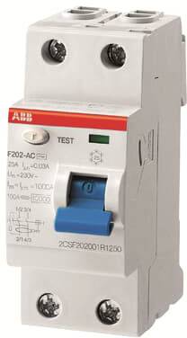 Un interrupteur différentiel bipolaire avec bouton de commande bleu et bouton de test, adapté pour 25A et 230V. Numéro de modèle imprimé.
