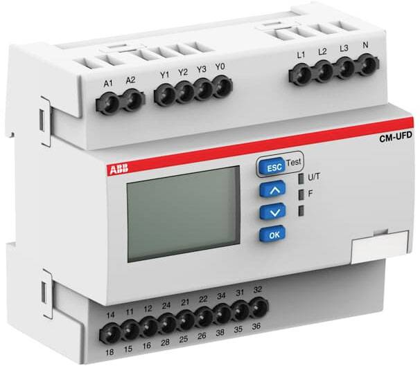 Un moniteur de commande numérique de la marque ABB avec écran, boutons de navigation et plusieurs bornes de connexion en haut et en bas.