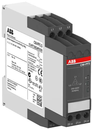 Relais de surveillance de séquence de phases ABB CM-PFS-S pour la surveillance de l'ordre des phases, tension de 200-500V, fréquence 50/60 Hz.