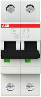Un disjoncteur blanc ABB avec des marquages rouges et verts, adapté pour 400V. Deux positions de commutation sont visibles.