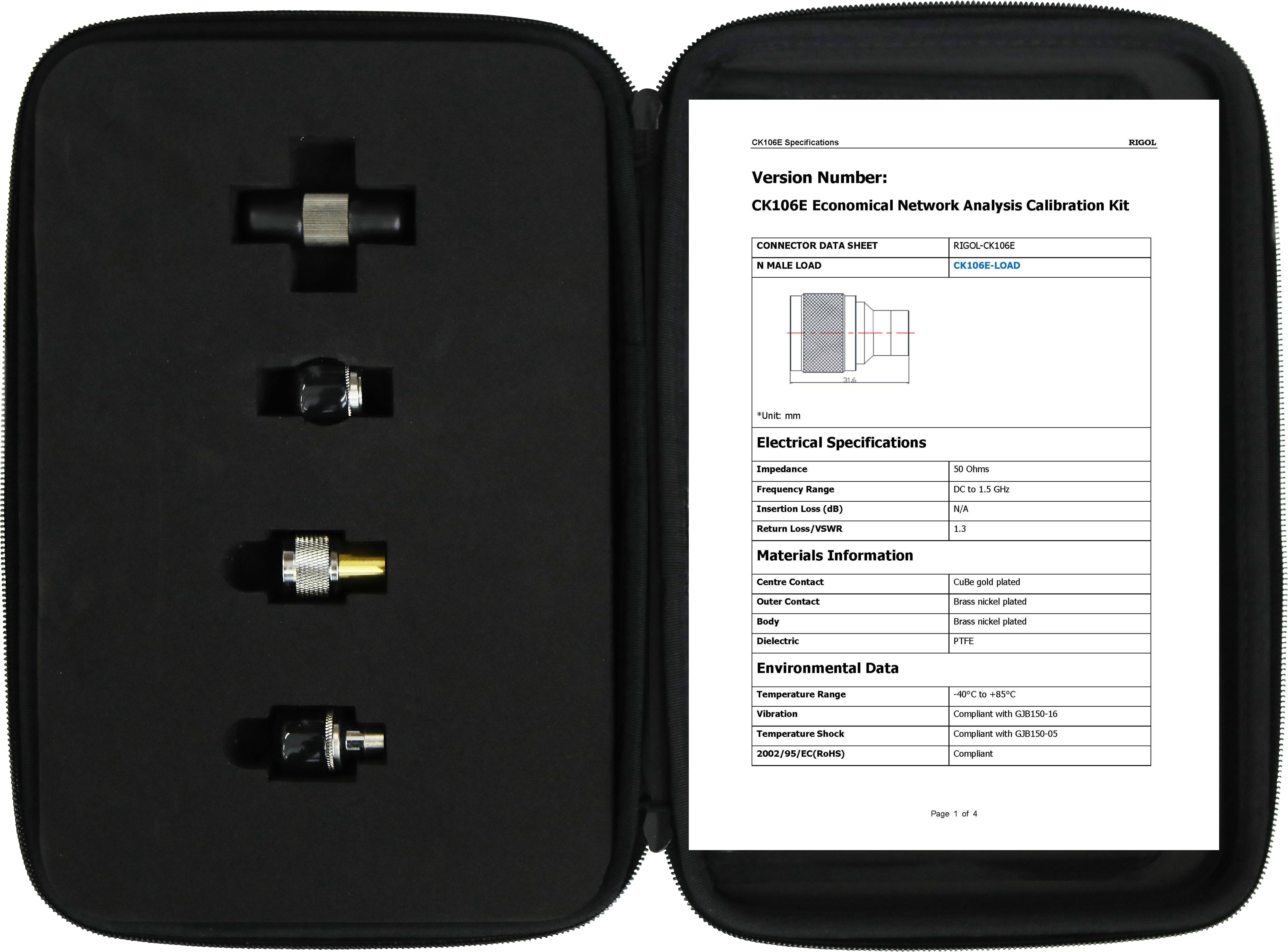 Un étui ouvert contenant plusieurs composants techniques et une feuille imprimée avec les spécifications d'un kit de calibrage.