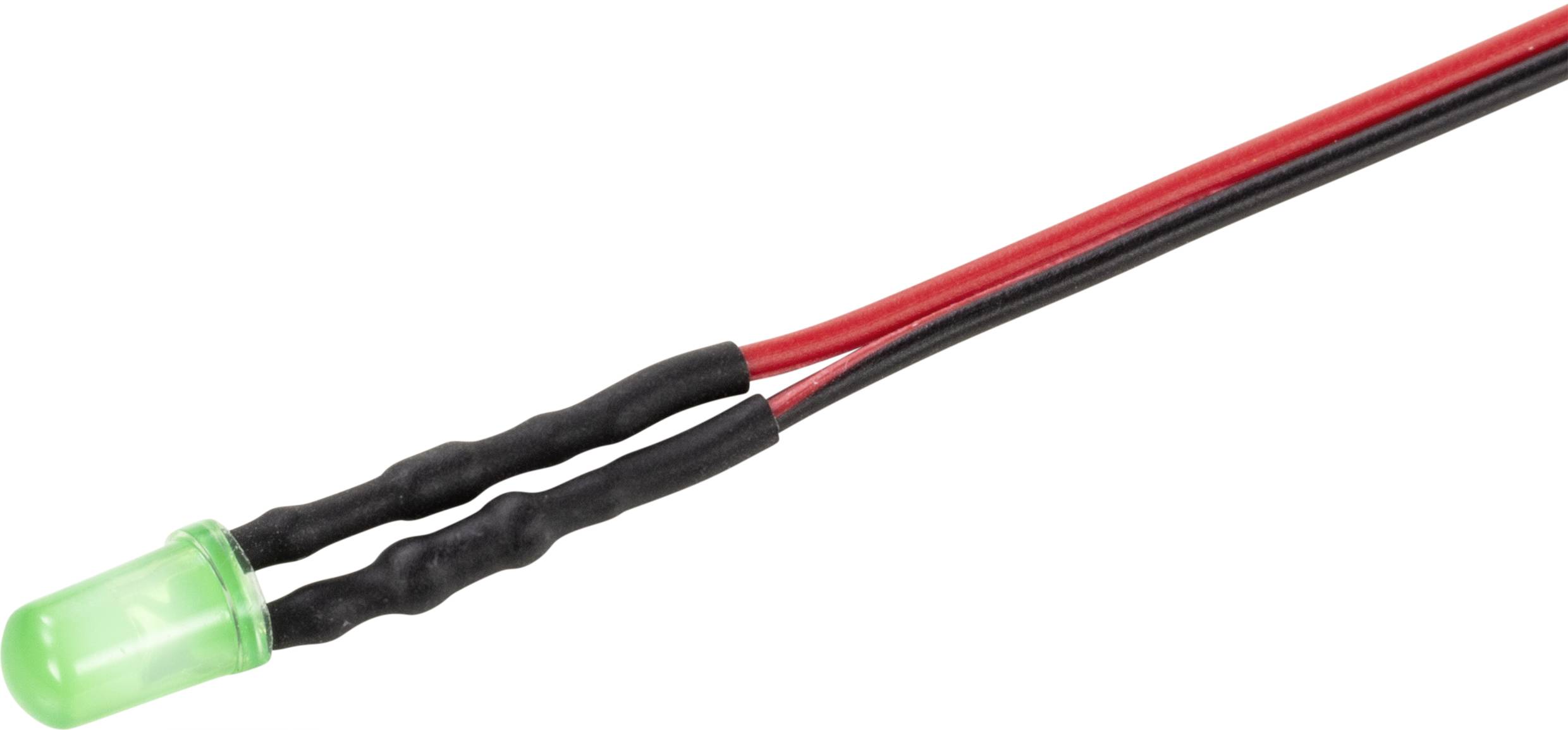 LED verte avec des fils isolés noirs et rouges s'étendant vers la droite.