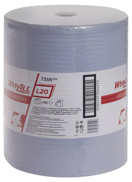 Un rouleau de lingettes WypAll Essential L20, blanc avec une étiquette rouge, affichant le logo et les informations du produit, adapté au nettoyage.