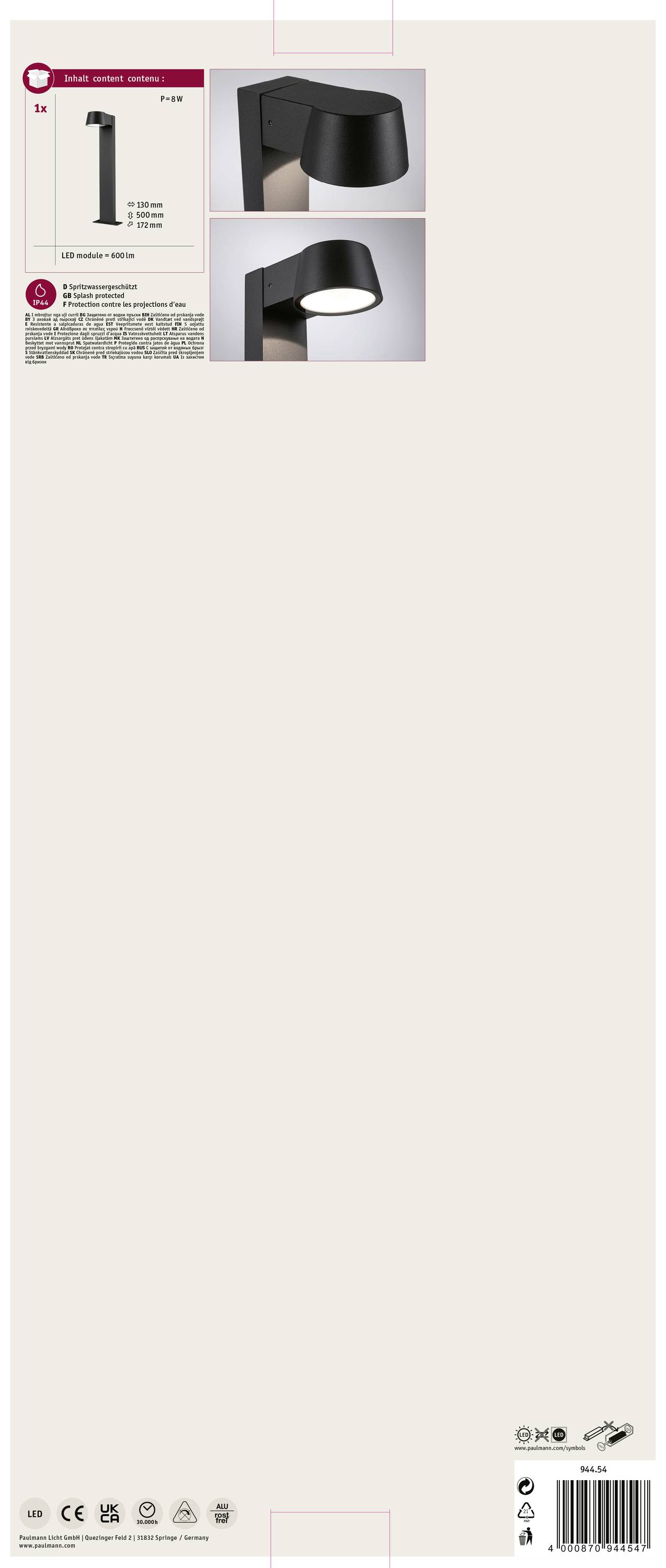 Luminaire LED extérieur Paulmann 94454 Capea LED LED intégrée 6 W gris