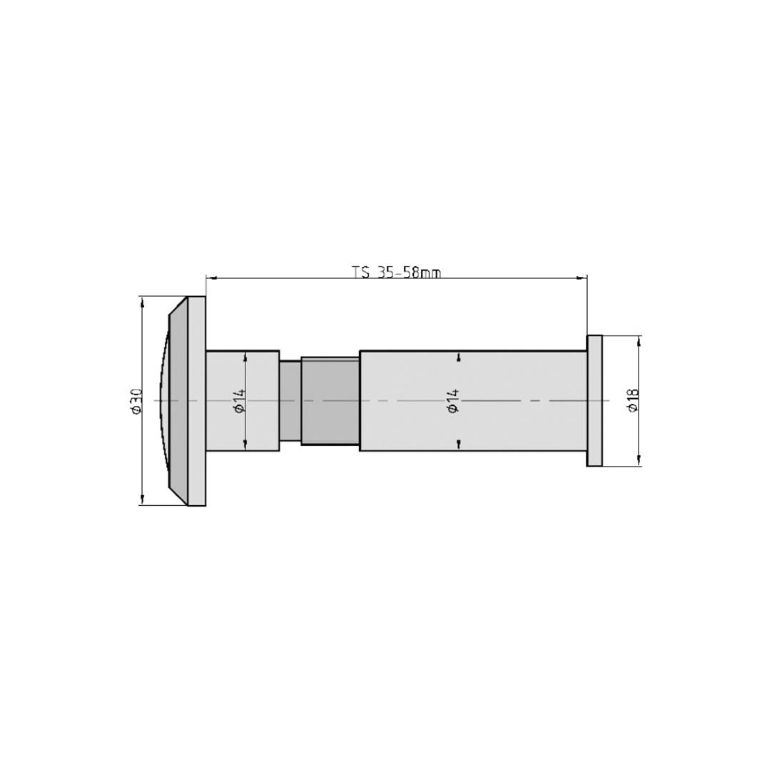 Dessin technique : Vue latérale d'un objet cylindrique. Cote axiale 35-55 mm, diamètre 30 mm à l'avant, 14 mm au centre, 18 mm à l'arrière.
