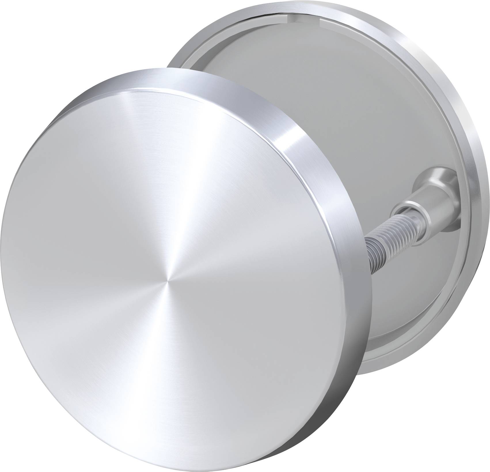 Un bouton de porte rond et brillant en métal de couleur argentée sur un fond blanc, révélant son design minimaliste.