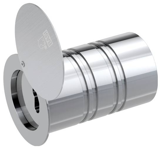 Un œilleton de porte moderne, métallique, au design circulaire et à couvercle mobile, brillant, argenté et de forme cylindrique.