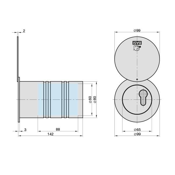 Représentation schématique d'un cylindre de serrure avec dimensions : longueur 142 mm, diamètre 99 mm, diamètre du trou de clé 65 mm, accès de la clé par le haut.