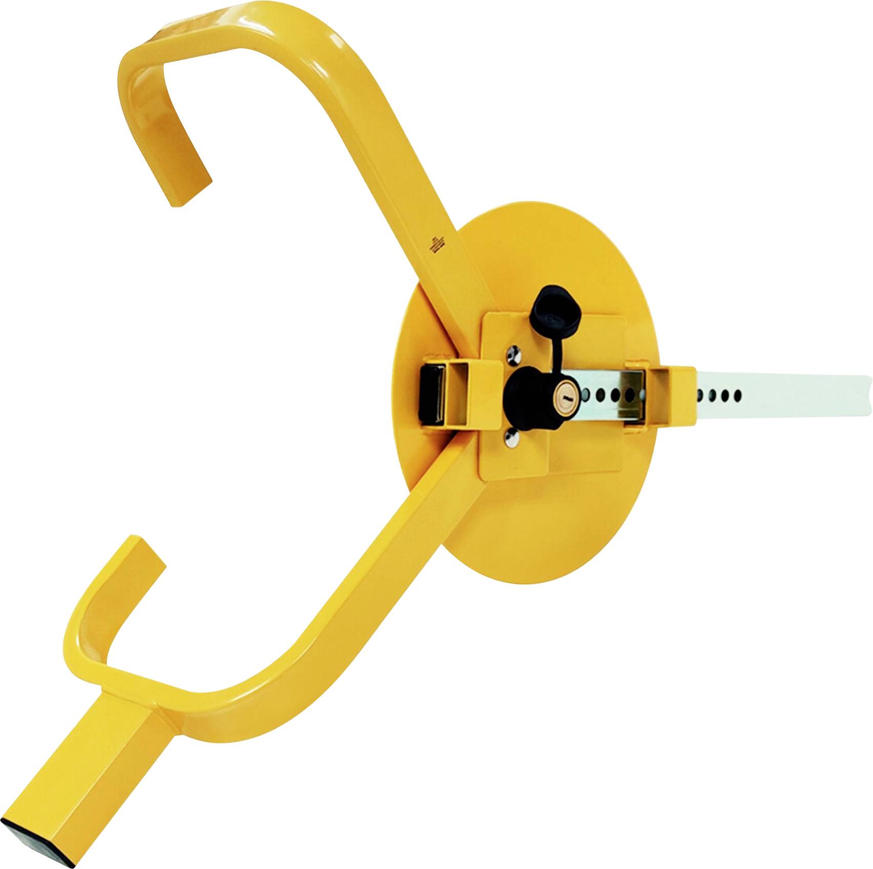Un dispositif de sabot de roue jaune conçu pour se serrer sur le pneu d'un véhicule, avec deux bras courbes et une bande métallique ajustable pour la sécurité.