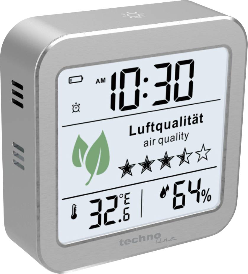 Affichage numérique indiquant l'heure 10:30, qualité de l'air à cinq étoiles, symbole d'une feuille, température 32,6°C, humidité 64%.