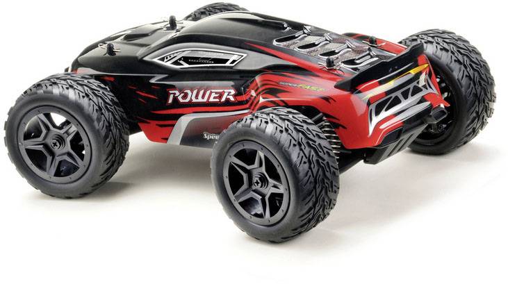 Voiture télécommandée de style tout-terrain avec de grandes roues et un design rouge et noir, avec l'inscription 'Power' sur le côté.