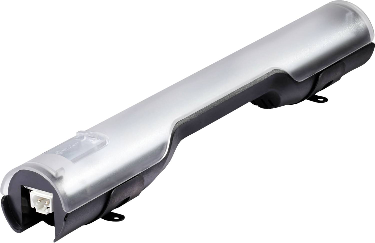 Une batterie de vélo électrique cylindrique en argent avec des bornes à ses extrémités, utilisée pour l'alimentation électrique des vélos électriques.