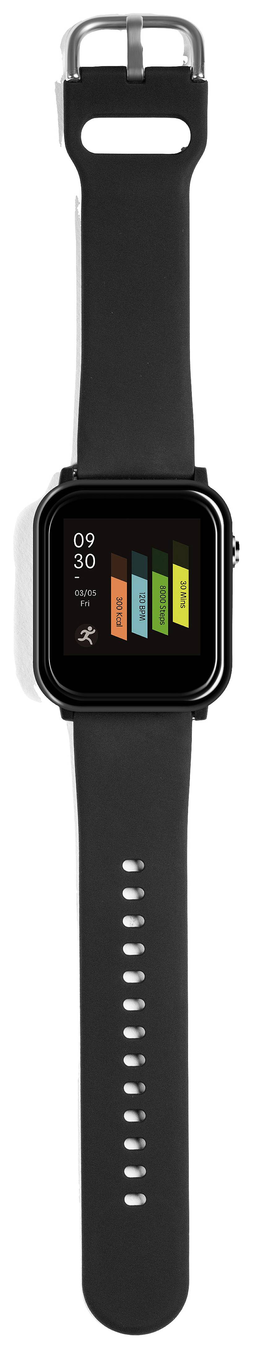 Montre connectée avec bracelet noir. Affiche un graphique sur l'écran avec des barres colorées et des étiquettes.