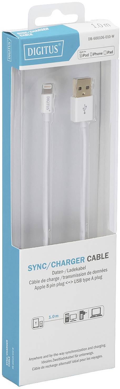 Câble de charge et de données 'Digitus' pour appareils Apple, 1 mètre de long, USB-A vers Lightning, compatible avec iPod, iPhone, iPad. L'emballage présente le design du câble.