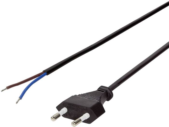 Câble électrique noir avec une fiche européenne, extrémité coupée laissant apparaître des fils bleus et marron.