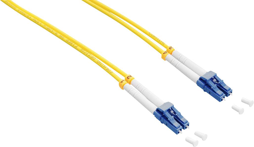 Deux câbles à fibre optique jaunes avec des connecteurs bleus à leurs extrémités, utilisés pour des connexions de données à haute vitesse.