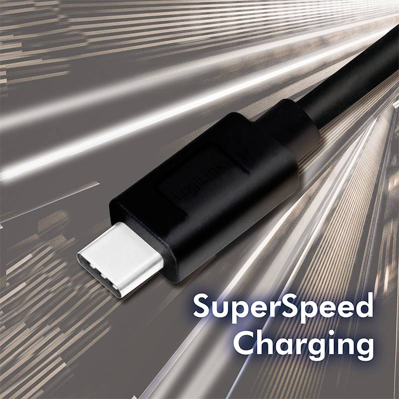 Un câble USB noir portant l'inscription « SuperSpeed Charging ». Il symbolise une charge rapide, sur un fond avec des rayures lumineuses.