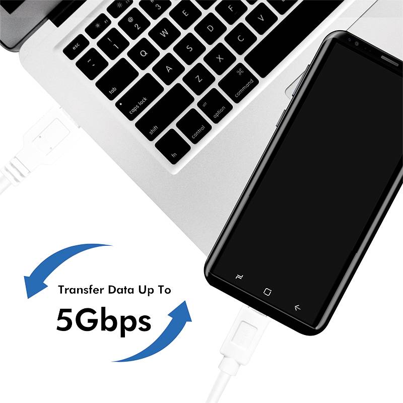 Smartphone connecté à un ordinateur portable via un câble USB. Texte sur l'image : « Transférez des données jusqu'à 5 Gbps »