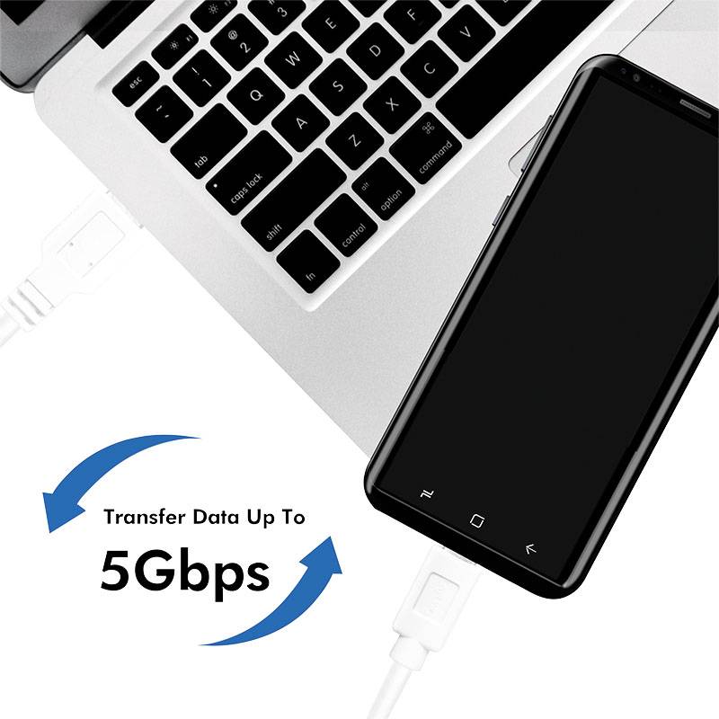 Un smartphone est connecté à un ordinateur portable par câble. Une flèche pointe vers le texte « Transfert de données jusqu'à 5 Gbps ».