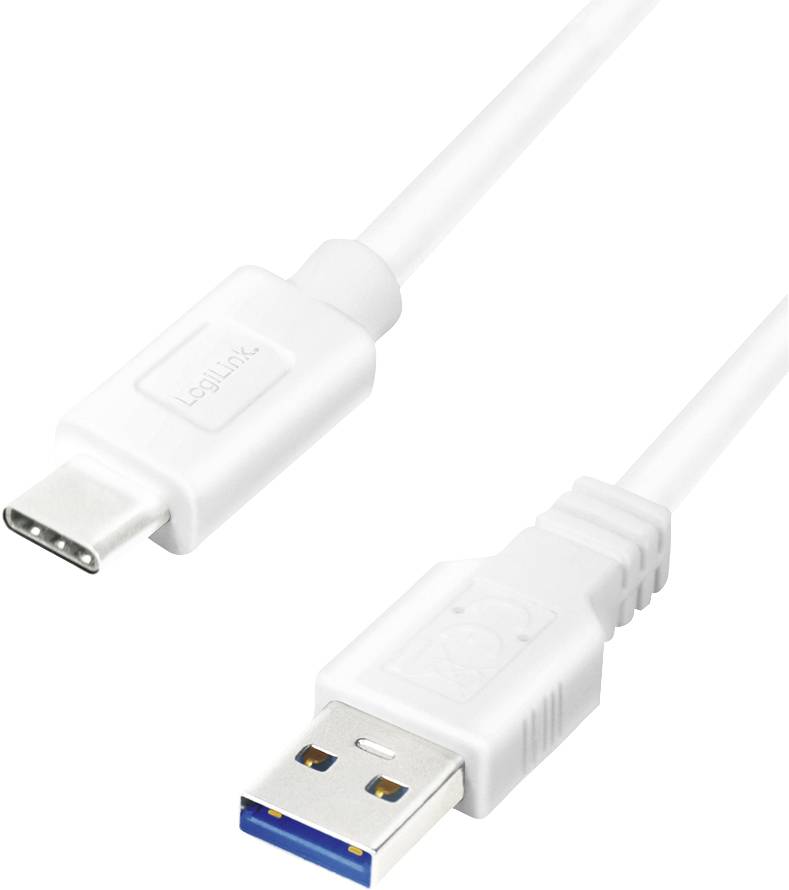 Un câble USB blanc avec une fiche USB-C et une fiche USB-A.