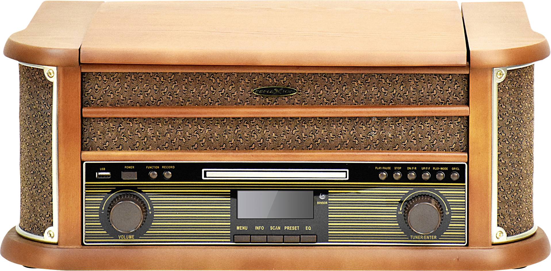 Radio vintage en finition bois avec grille de haut-parleur, boutons rotatifs et affichage numérique. Design rétro au charme classique.