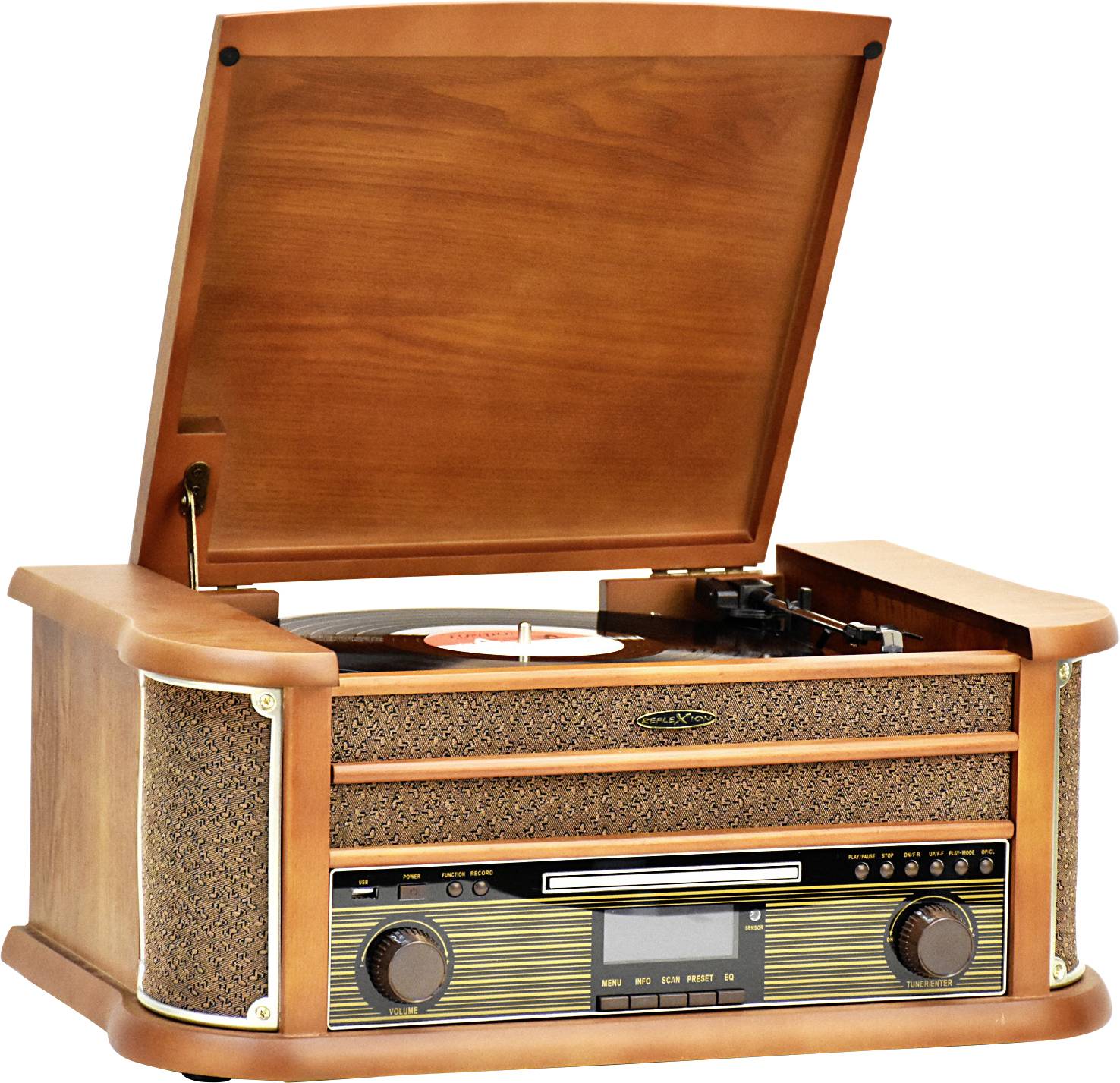 Un tourne-disque vintage en bois avec le couvercle ouvert. Un disque vinyle est posé sur le plateau et la façade comprend un panneau de commande.