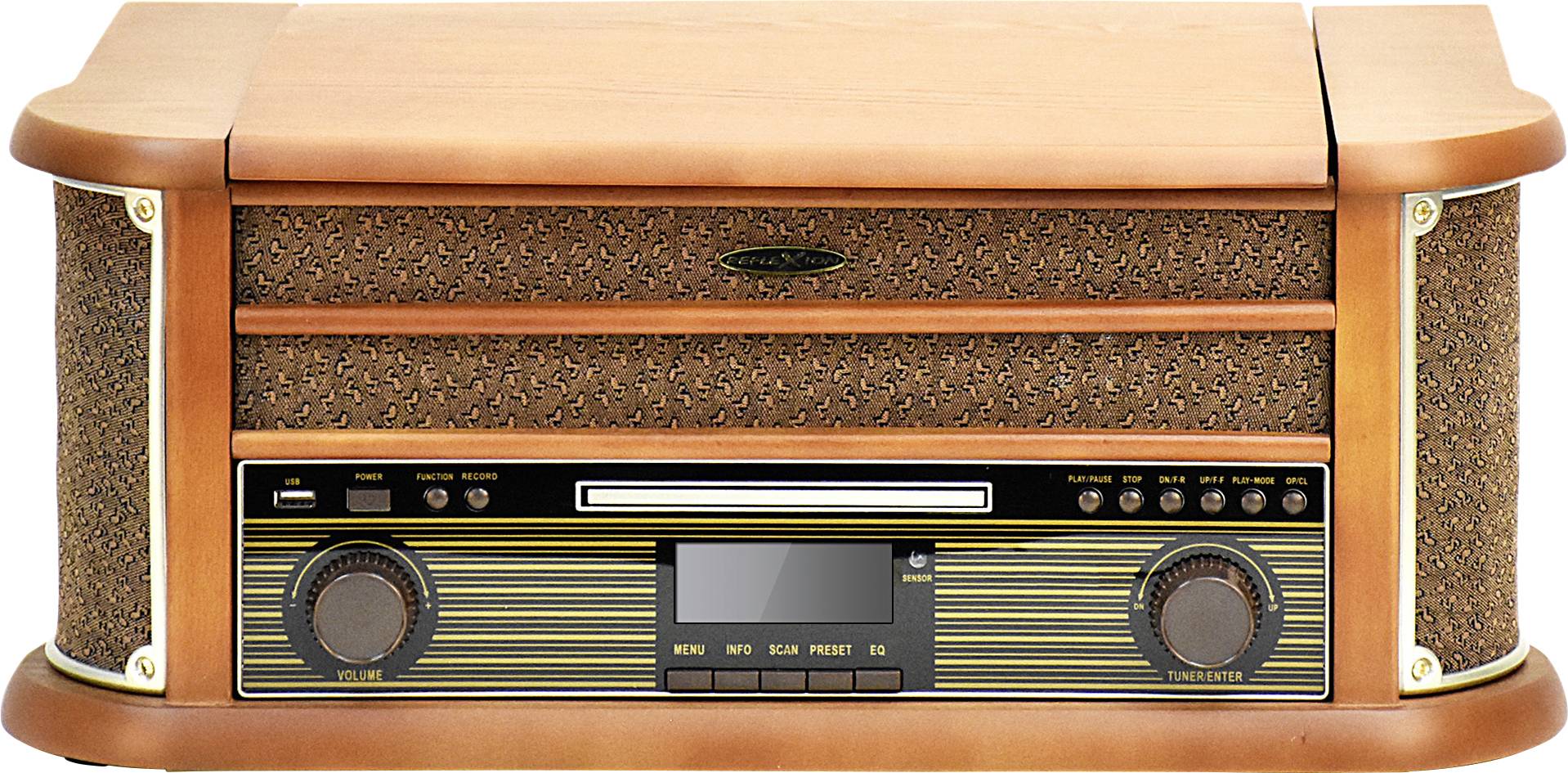 Un poste de radio rétro avec un boîtier en bois, des détails dorés et des touches de commande. Il combine un design vintage avec des fonctionnalités modernes.