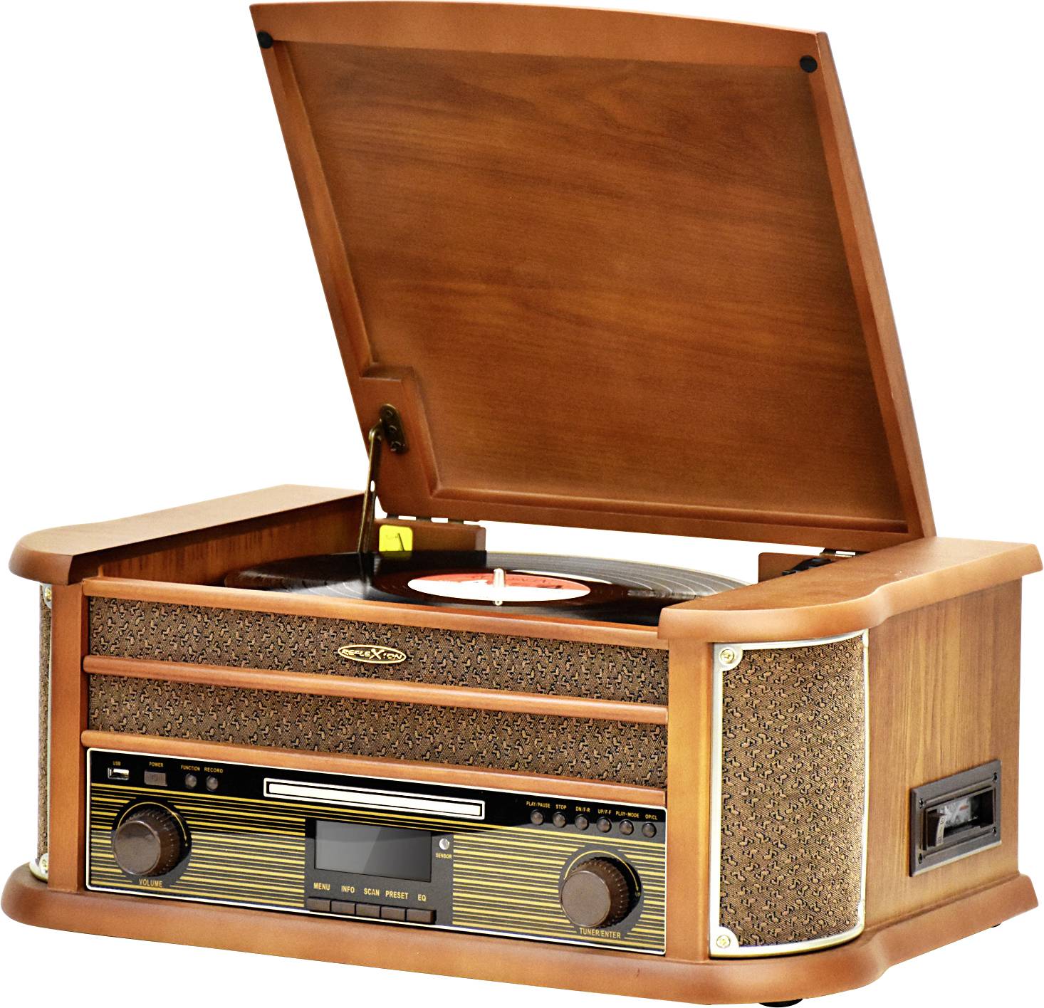 Un tourne-disque rétro en bois avec le couvercle ouvert, jouant un album vinyle. La face avant présente des haut-parleurs et des boutons de commande.