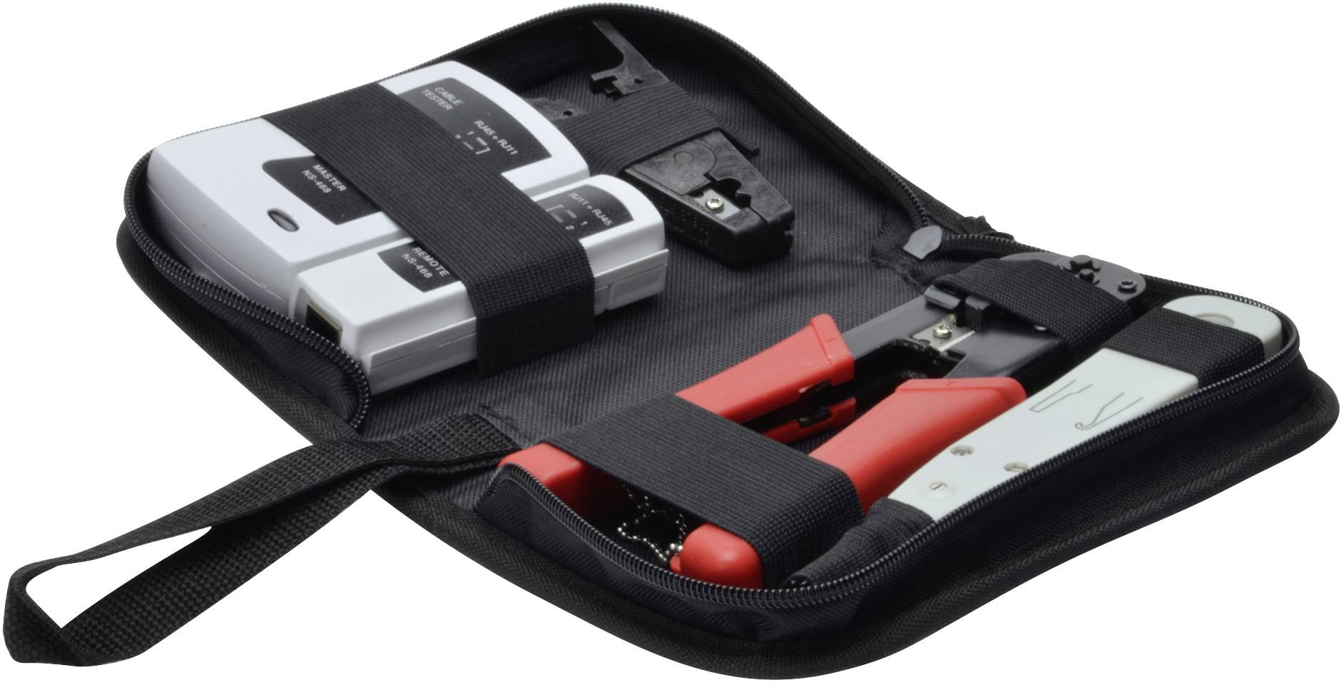Kit d'outils avec testeur de réseau et pince à sertir. Comprend un testeur de câble dans un étui de transport, adapté pour l'installation réseau.