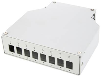 Boîtier métallique avec huit ports RJ45 numérotés, adapté à la gestion des câbles réseau ou à l'intégration de panneaux de brassage.