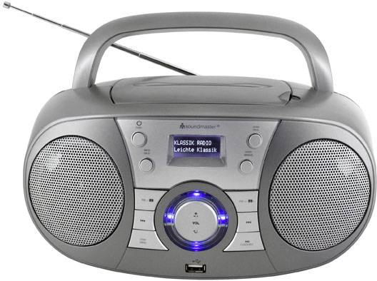 Un poste de radio portable avec lecteur CD intégré, deux enceintes et un affichage indiquant 'KLASSIK RADIO'.