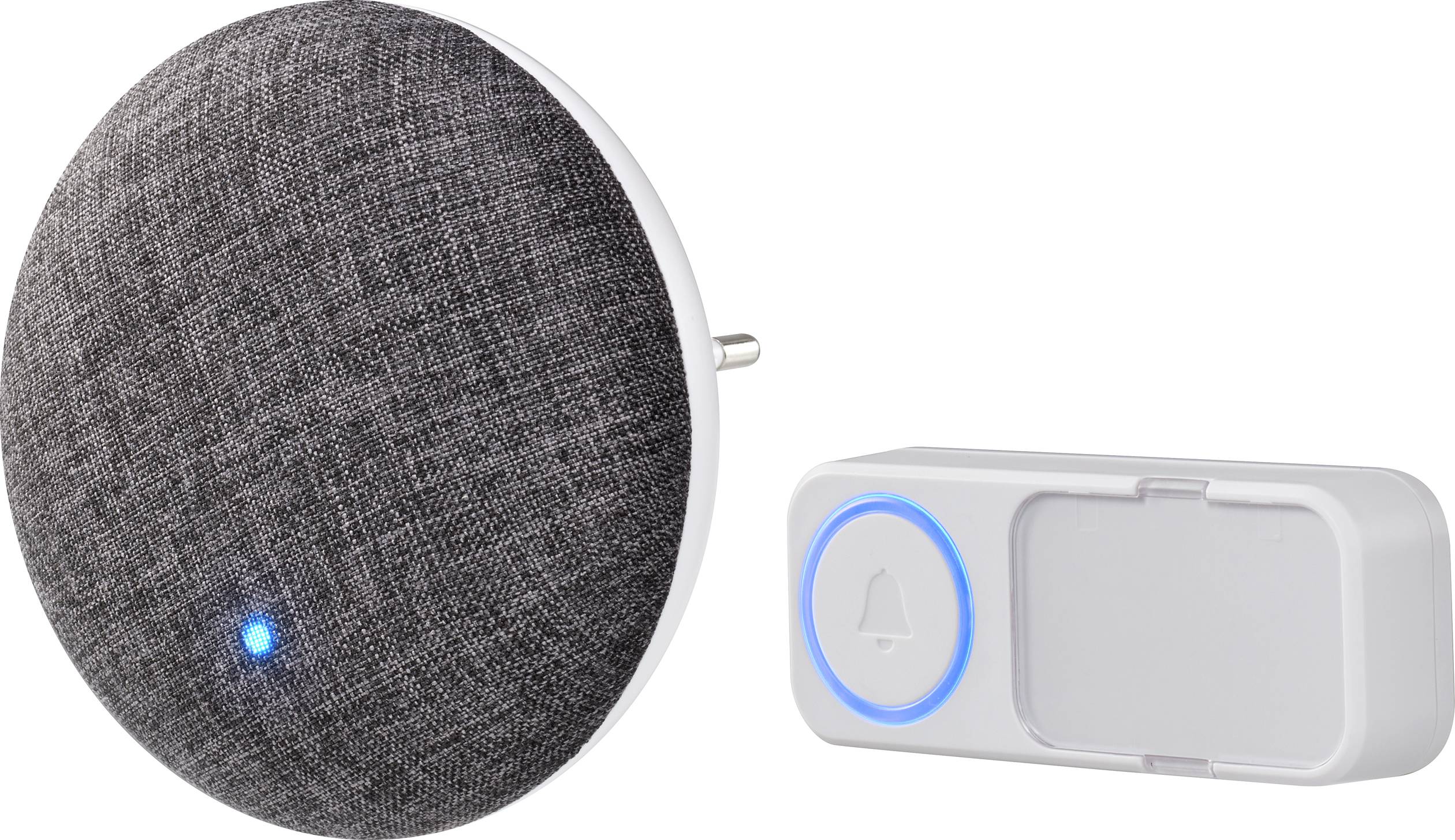 Un récepteur et émetteur de sonnette sans fil avec une surface en tissu gris et un indicateur lumineux bleu à côté sur un fond blanc.