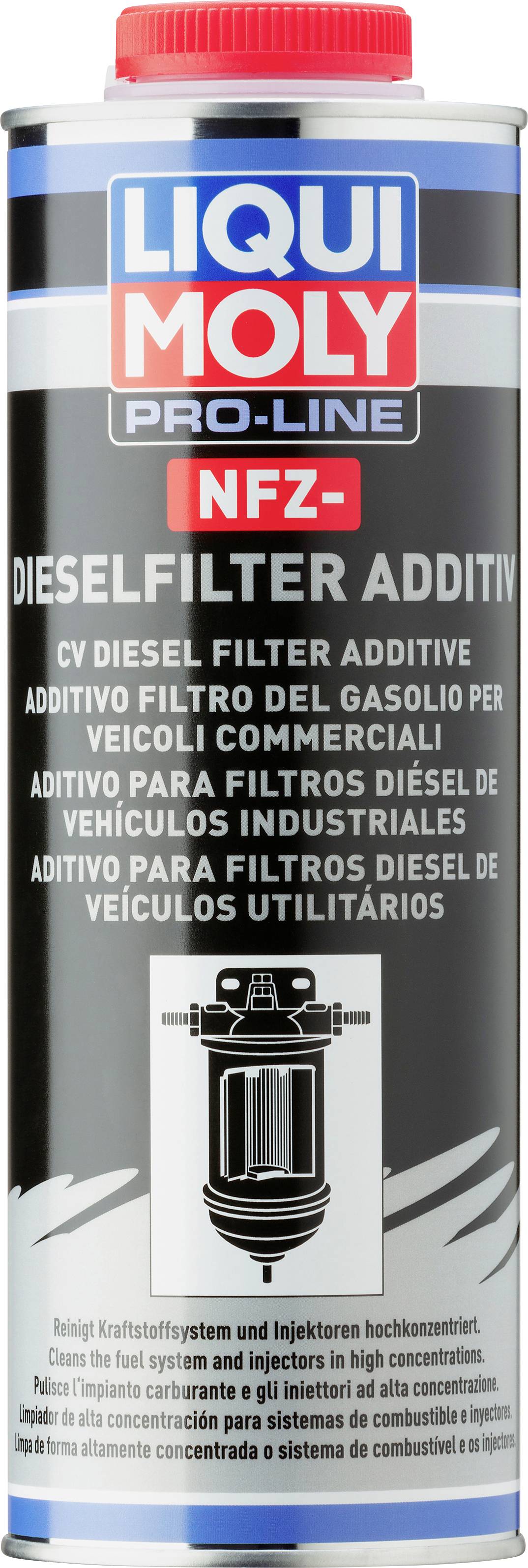 Une grande bouteille portant l'inscription 'Liqui Moly Pro-Line NFZ Diesel-Filter-Additiv', destinée au nettoyage des systèmes de filtres diesel.