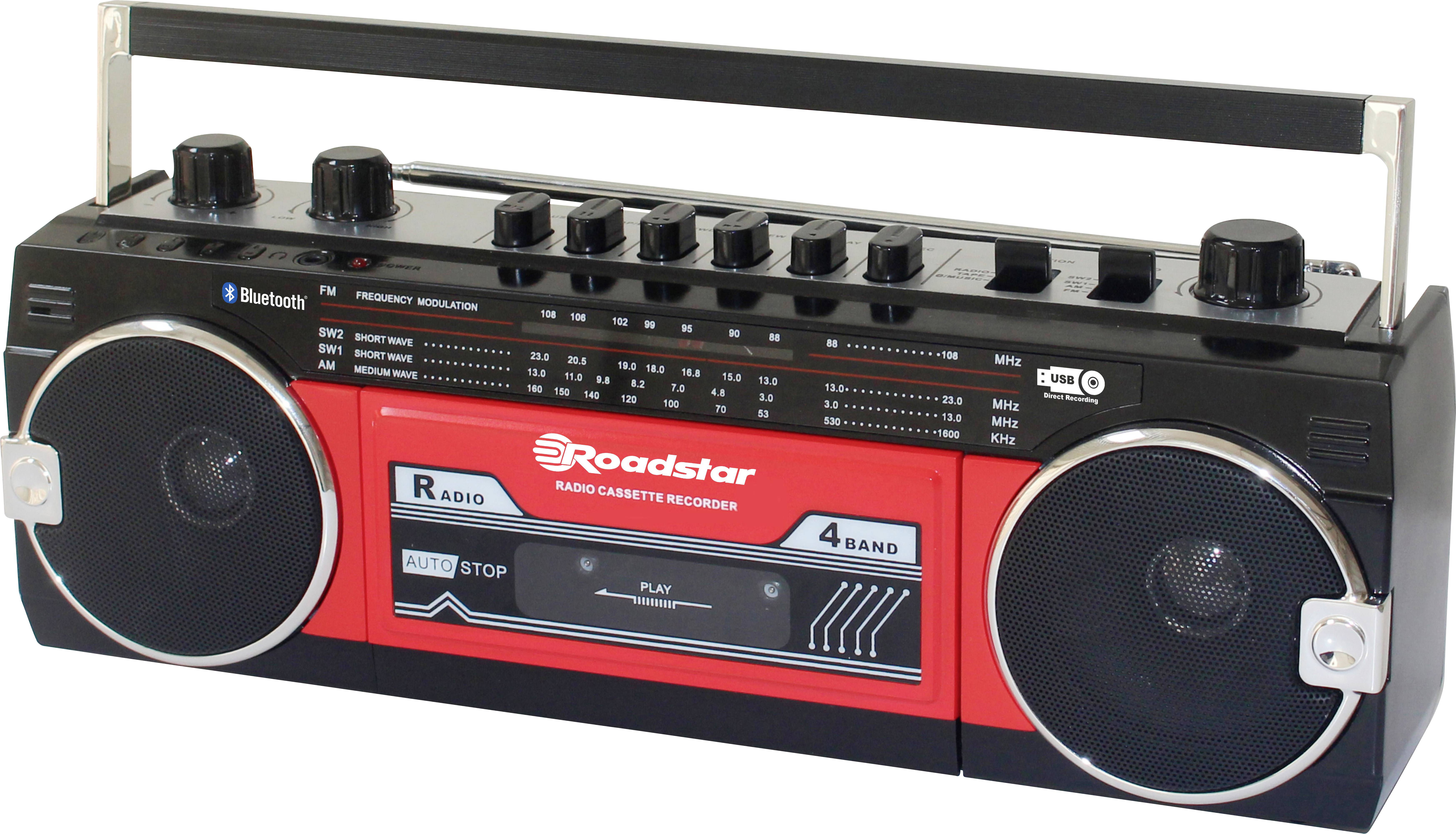 Lecteur de cassettes portable Roadstar RCR-3025EBT/RD touche sensitive, fonction enregistrement, avec microphone rouge, noir