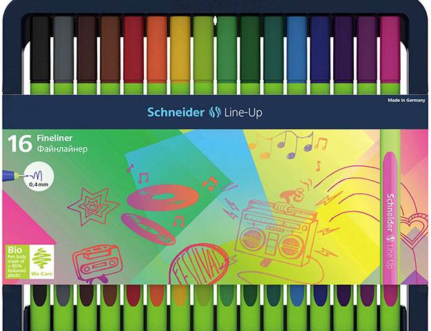 Schneider 191092 K-Box 16x FL Line-Up 0,4 Stylo feutre fin noir, vert, bleu, violet, rose, rouge, orange, gris-argent, acajou