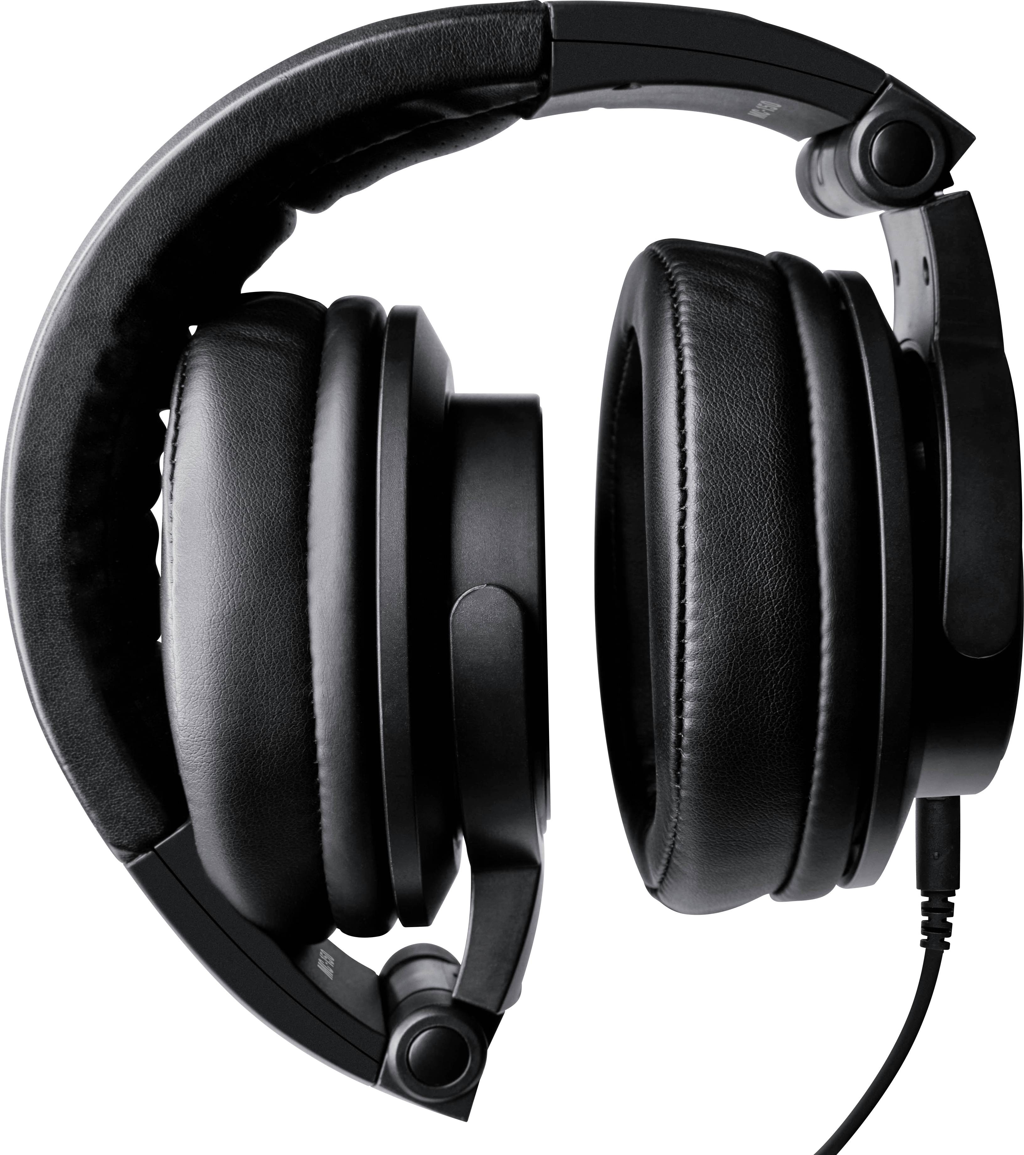 Casque noir avec écouteurs circumauriculaires rembourrés et arceau réglable, posé sur un fond blanc.