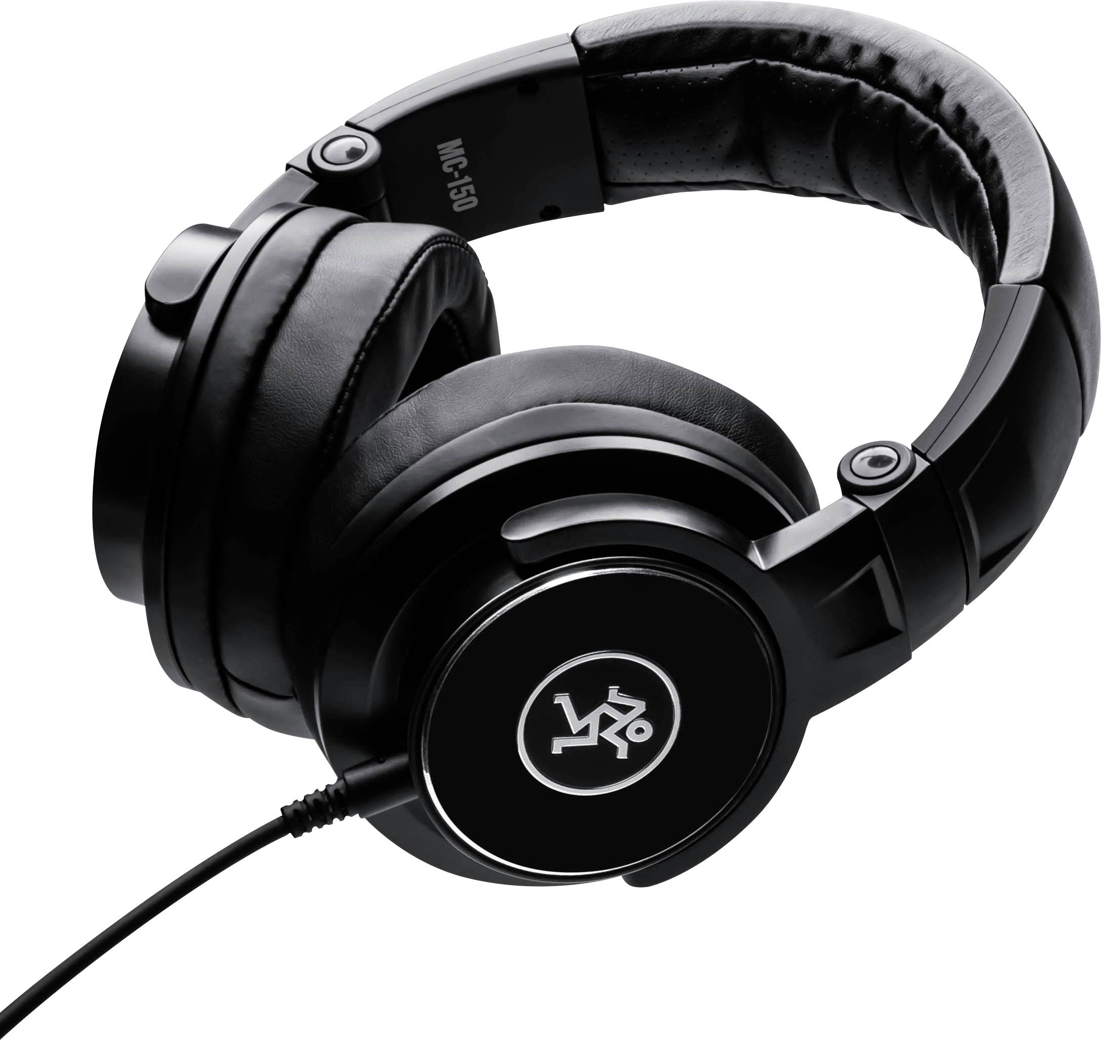 Casque noir avec bandeau rembourré et écouteurs, reliés par un câble. Logo de la marque sur le côté de l'écouteur.