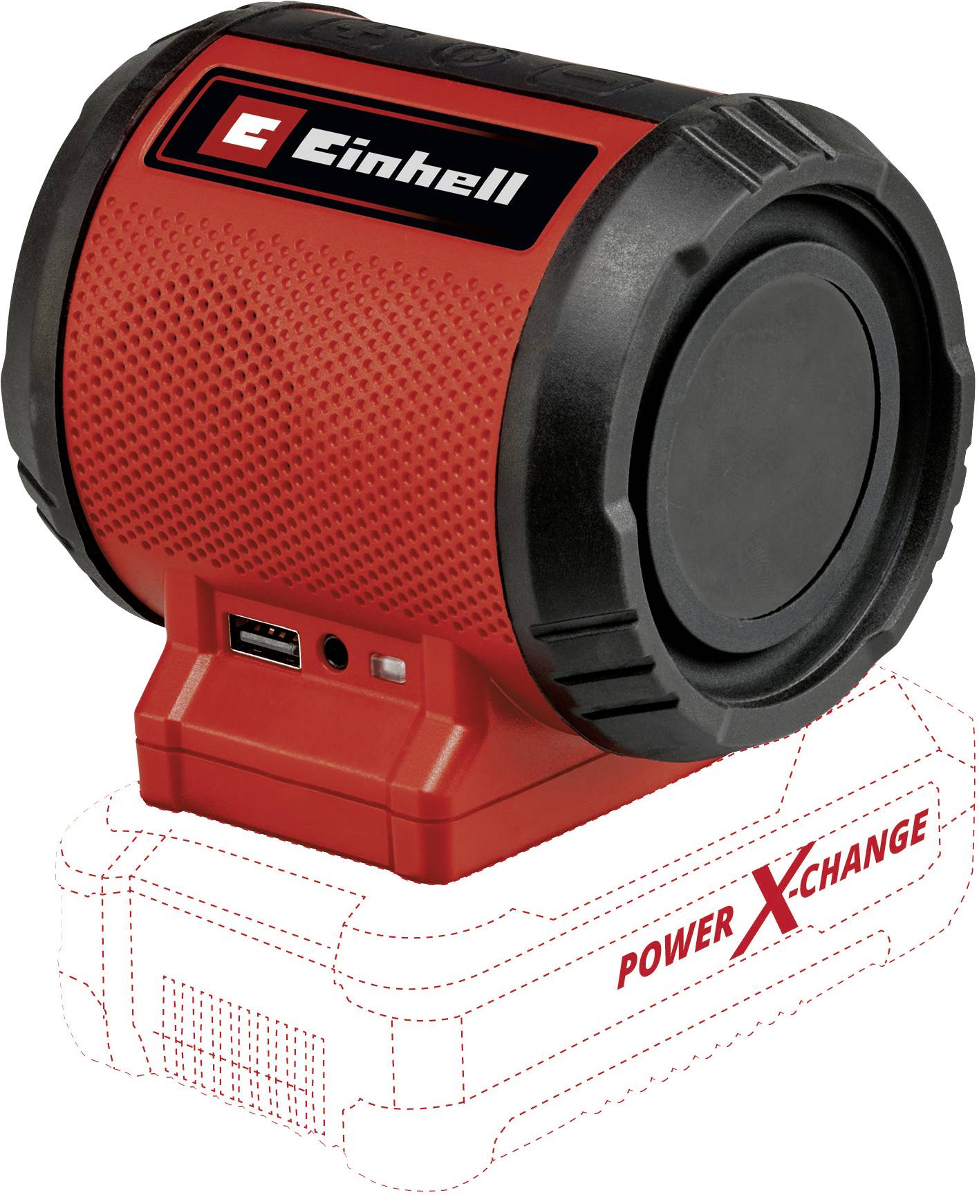 Haut-parleur rouge cylindrique sur un socle étagé, dessiné de manière transparente. Logo de marque et port USB visibles.