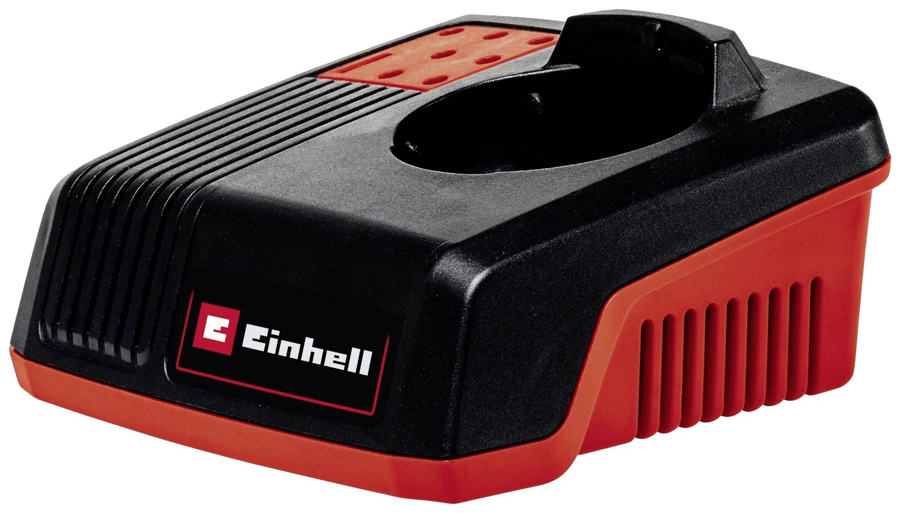 Un chargeur noir et rouge de la marque Einhell, adapté pour fonctionner avec des batteries compatibles.
