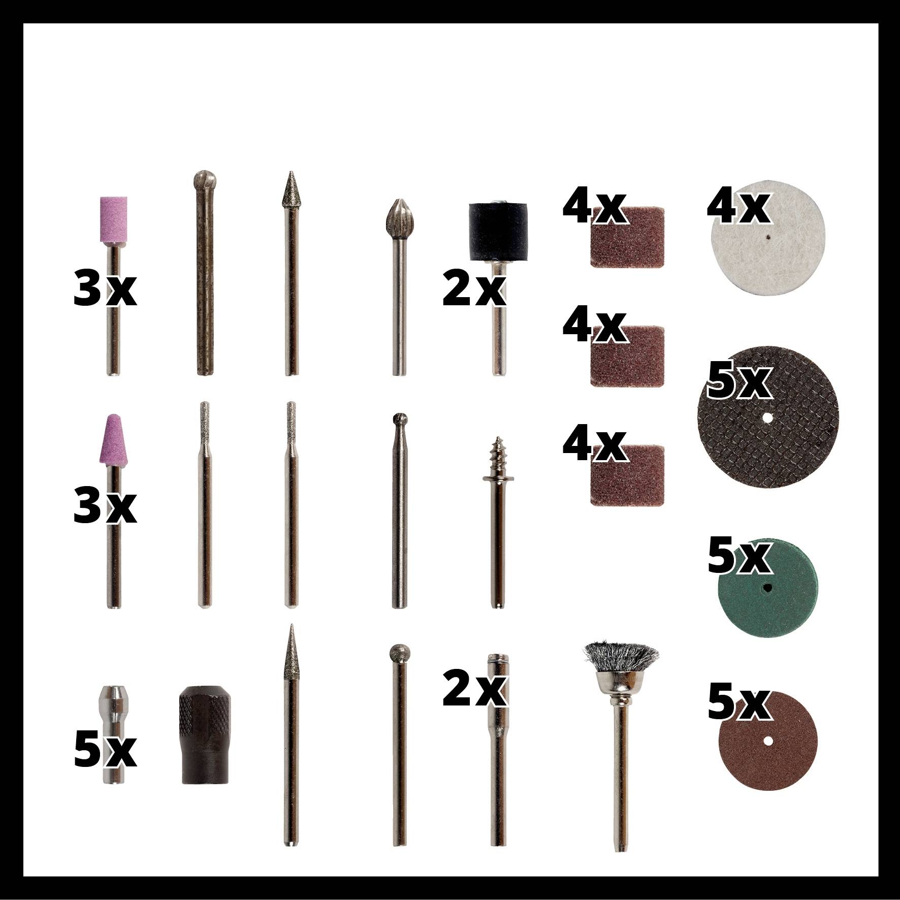 Un ensemble d'accessoires de forage avec différents embouts : têtes de meulage, fraises, disques abrasifs et brosse de polissage. Contient plusieurs unités de chaque type.
