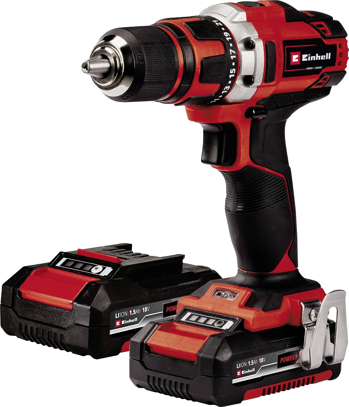 Un tournevis-perceuse sans fil rouge et noir de Einhell avec deux batteries Li-Ion. Idéal pour les travaux de bricolage.