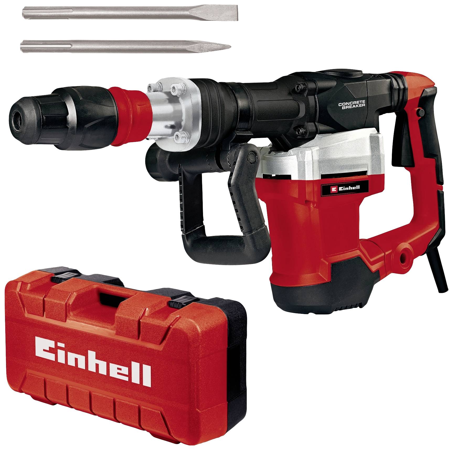 Marteau de démolition Einhell avec accessoires et mallette rouge. Comprend deux embouts de burinage et une boîte de transport.
